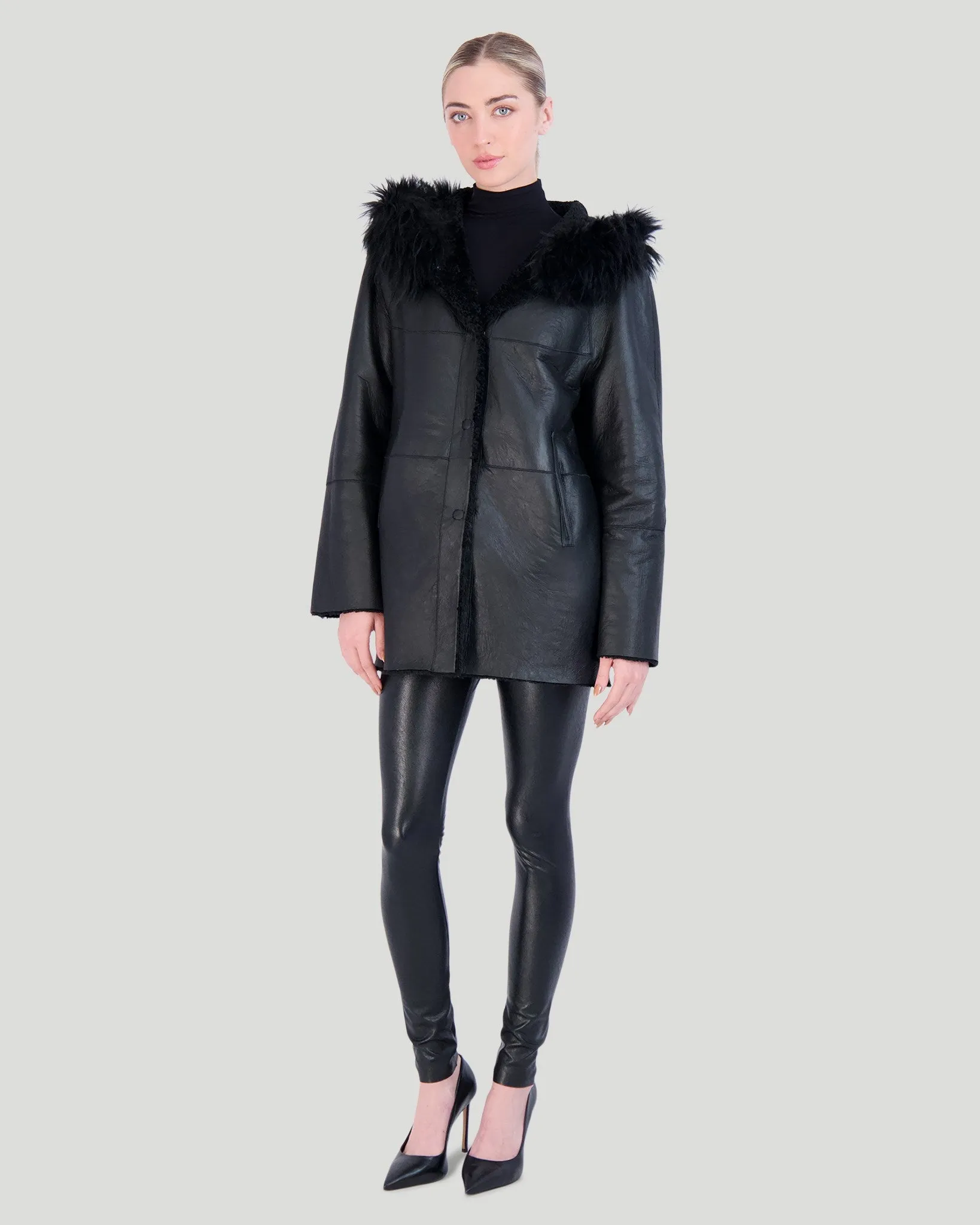 Reversible Shearling Lamb Parka with Select Cashmere Goat Hood Trim