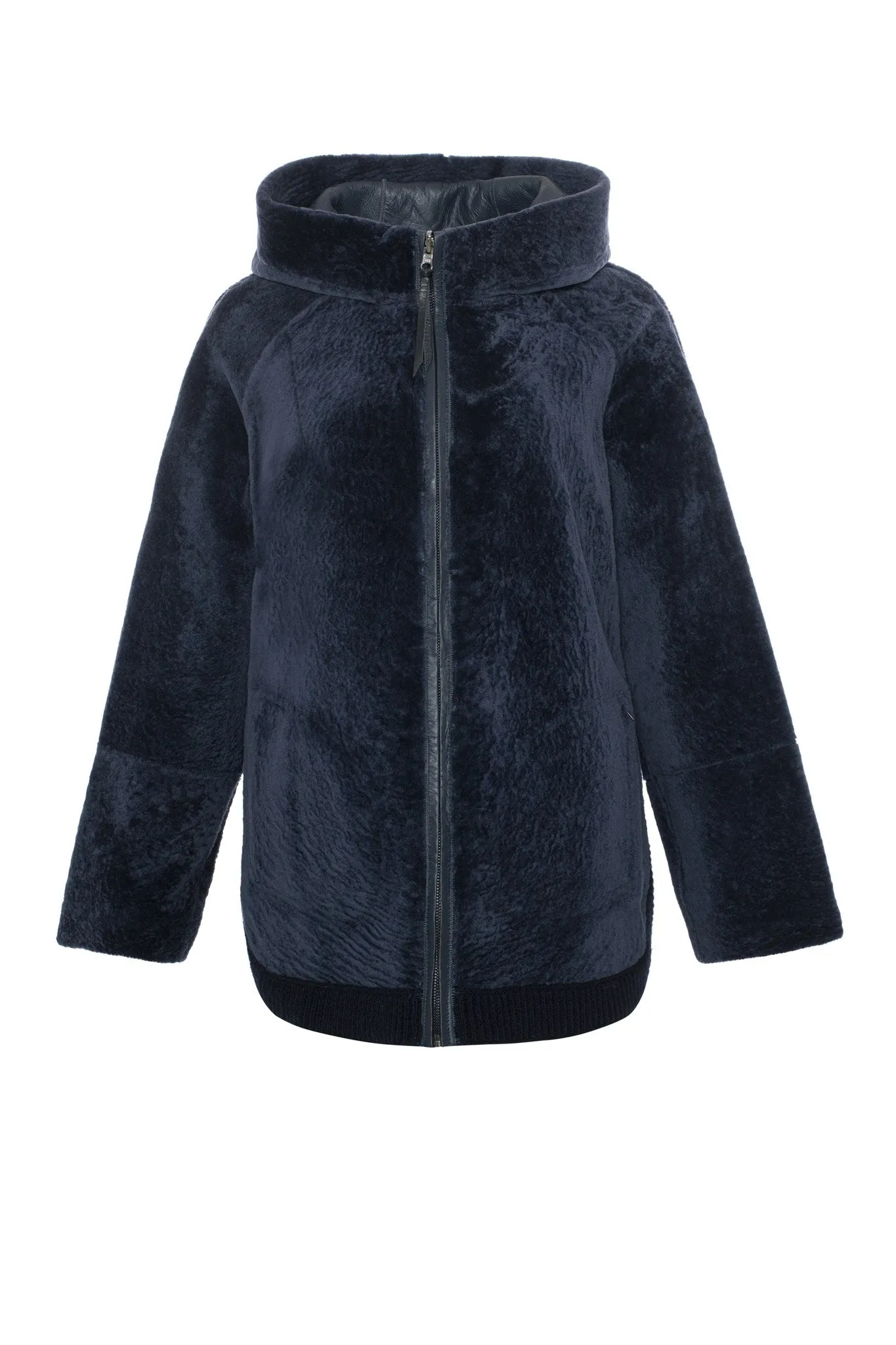 Reversible Textured Shearling Lamb Zip Parka with Ribbed Hem