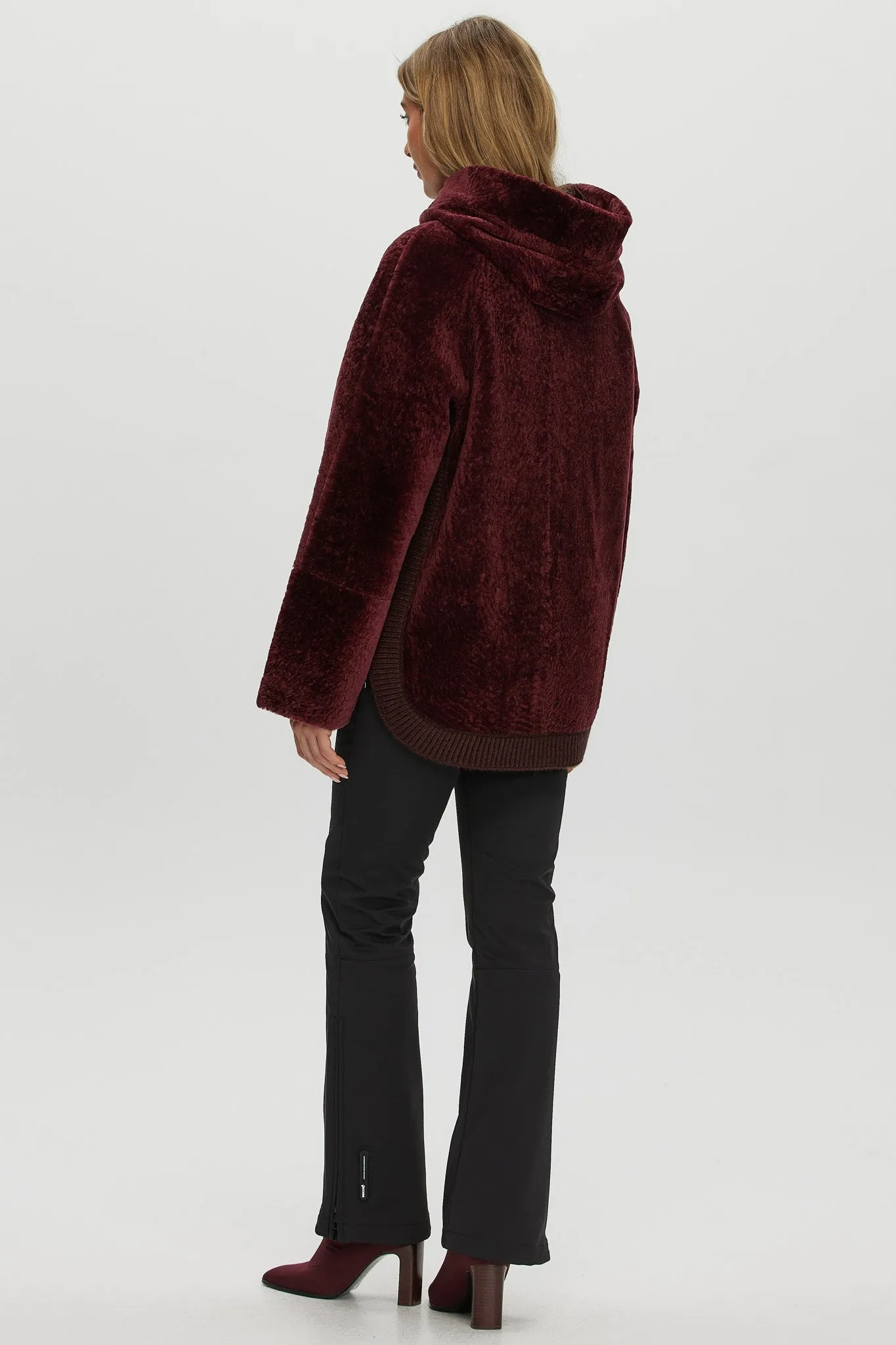 Reversible Textured Shearling Lamb Zip Parka with Ribbed Hem