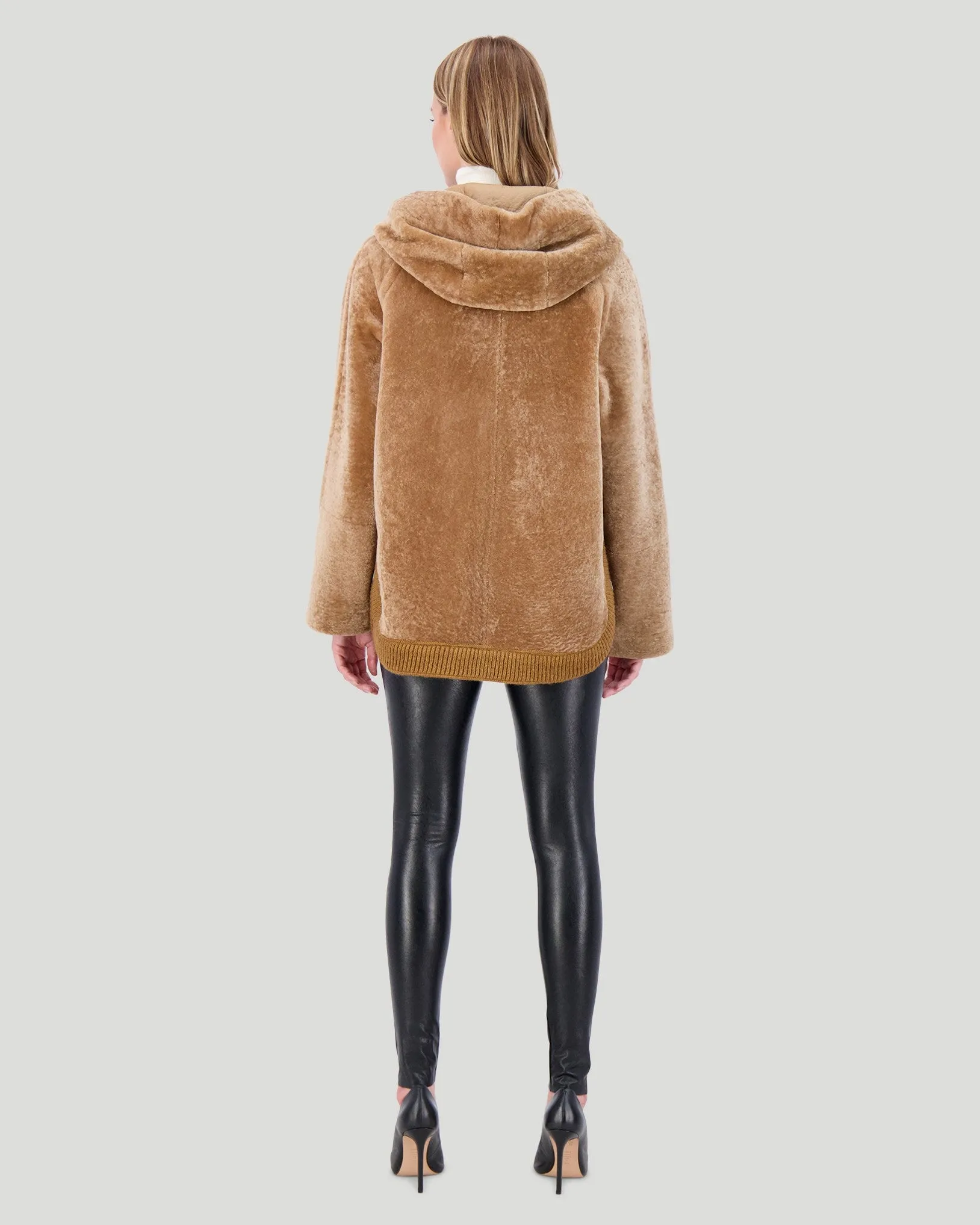 Reversible Textured Shearling Lamb Zip Parka with Ribbed Hem