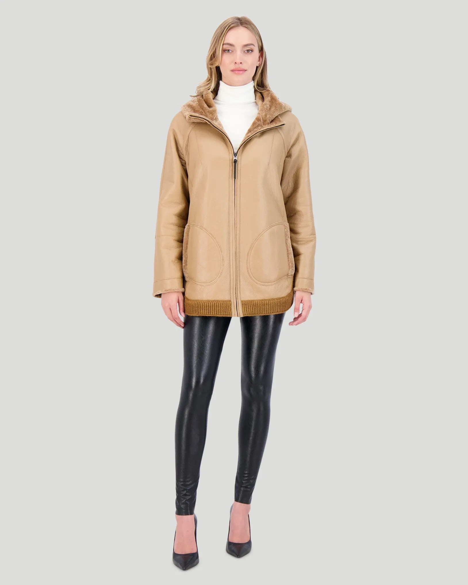 Reversible Textured Shearling Lamb Zip Parka with Ribbed Hem