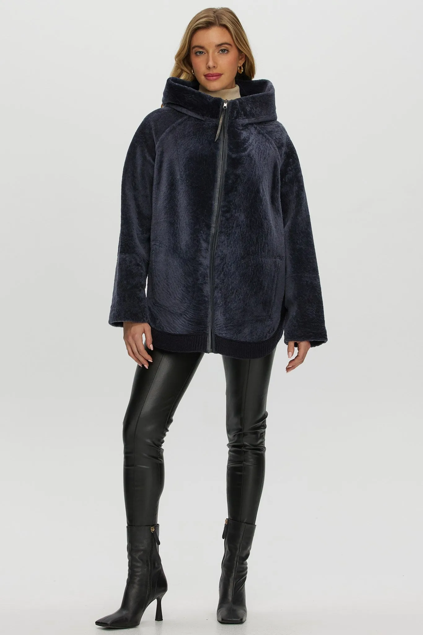 Reversible Textured Shearling Lamb Zip Parka with Ribbed Hem