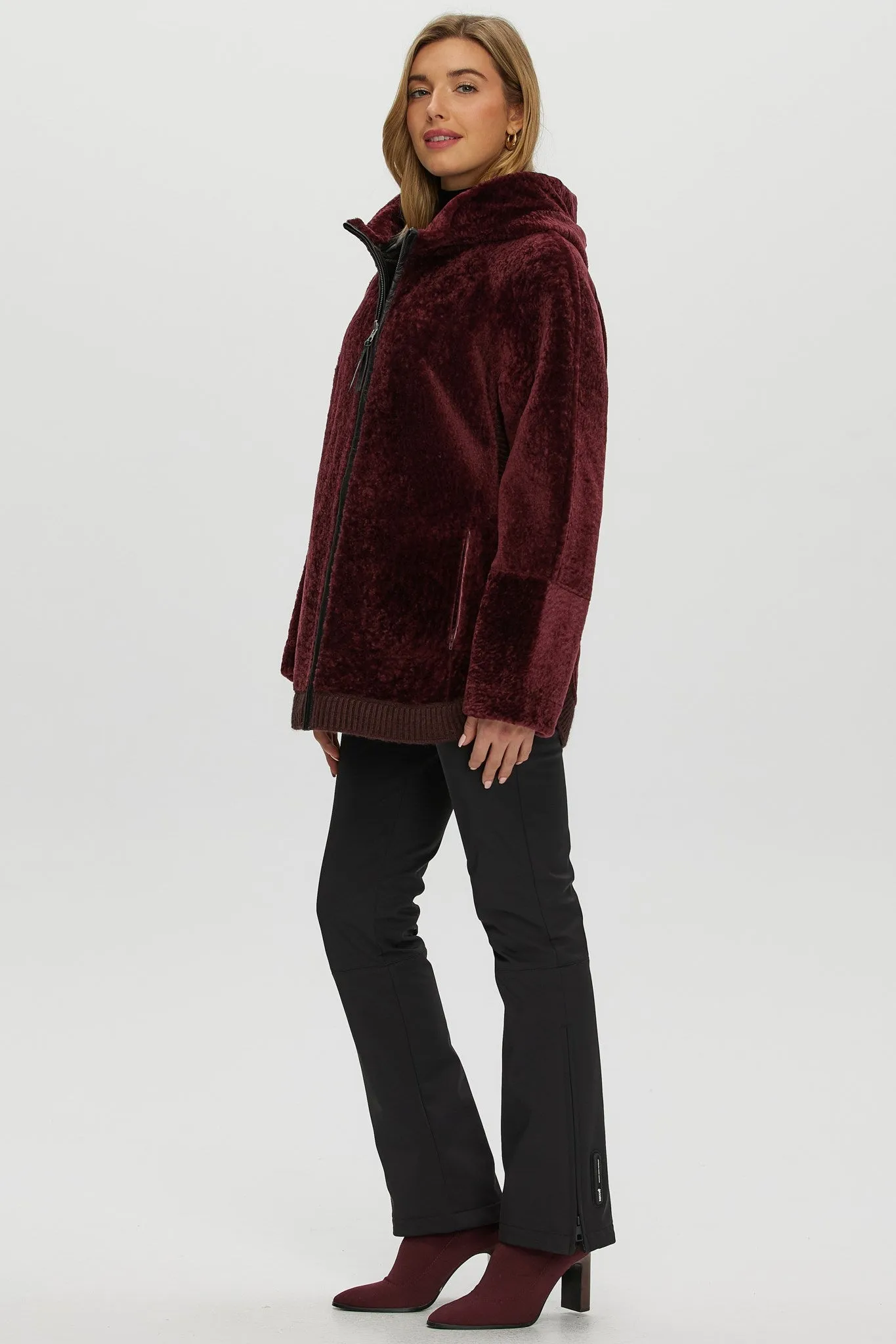 Reversible Textured Shearling Lamb Zip Parka with Ribbed Hem