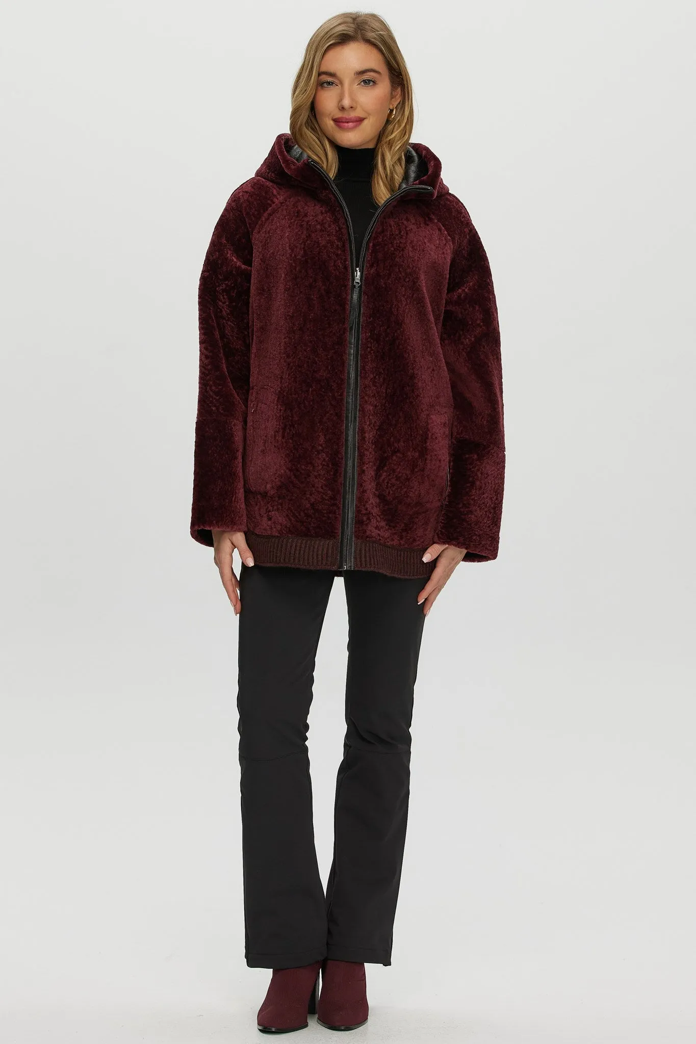 Reversible Textured Shearling Lamb Zip Parka with Ribbed Hem