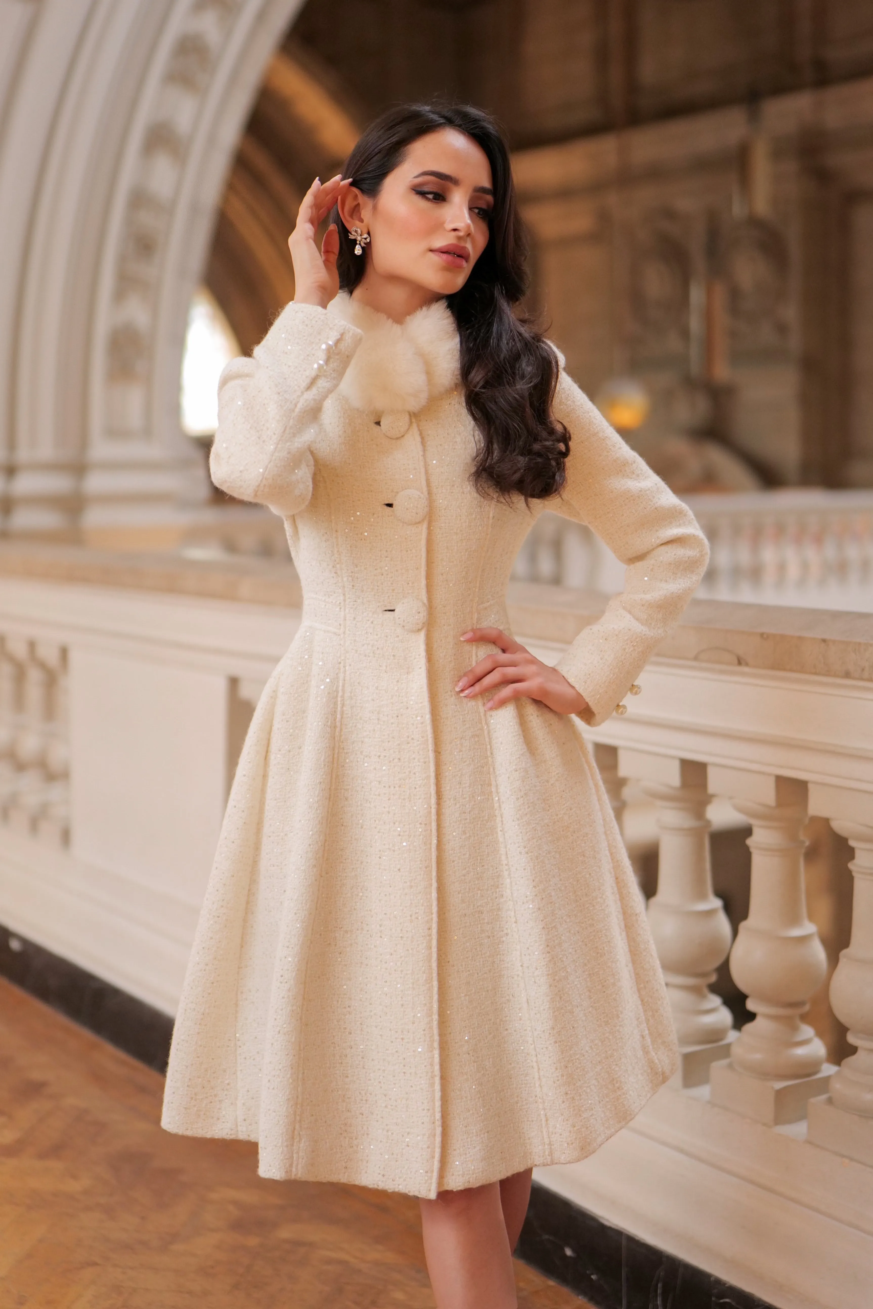 'Starlet' Wool Tweed Dress Coat with Faux Fur in Crema