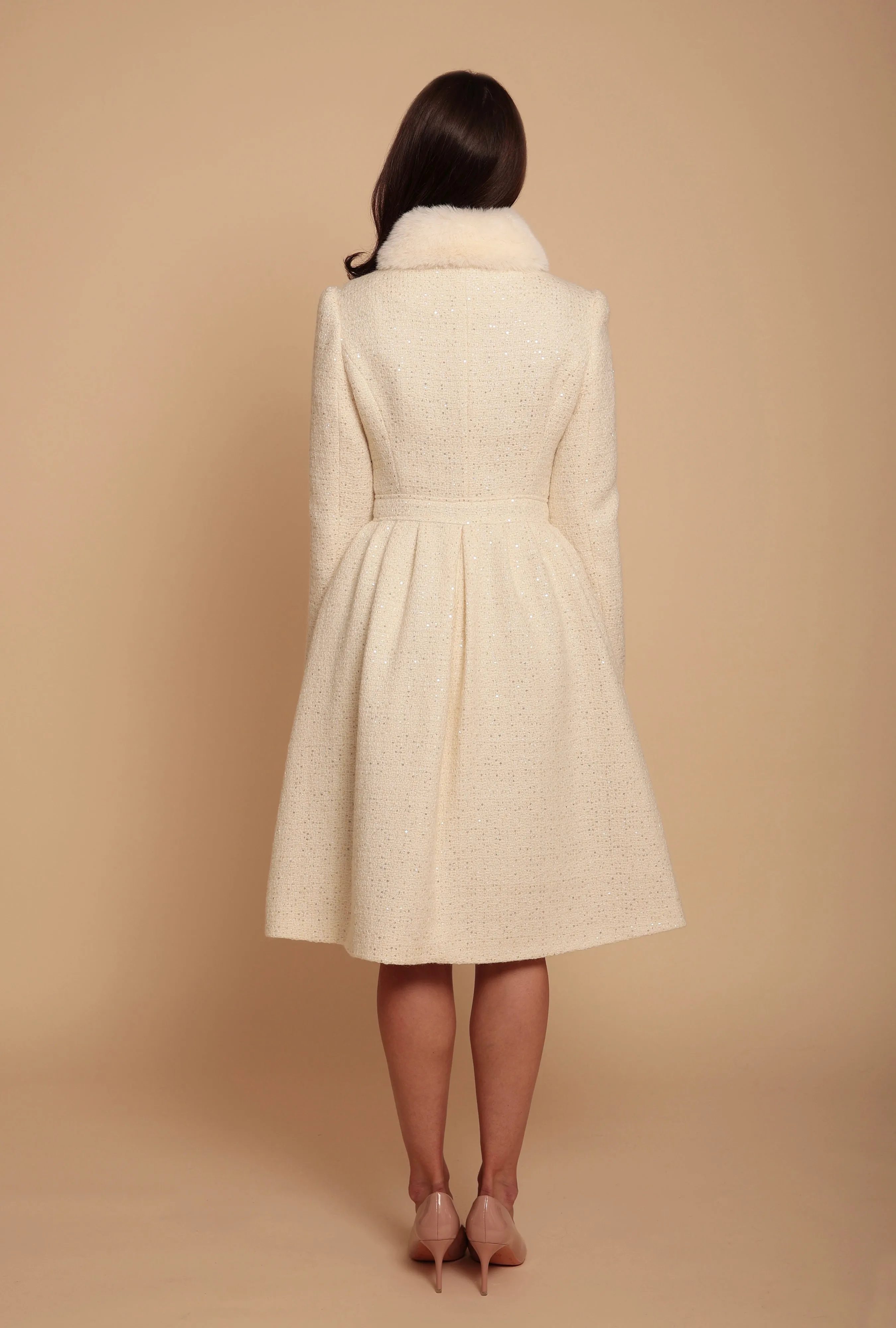 'Starlet' Wool Tweed Dress Coat with Faux Fur in Crema