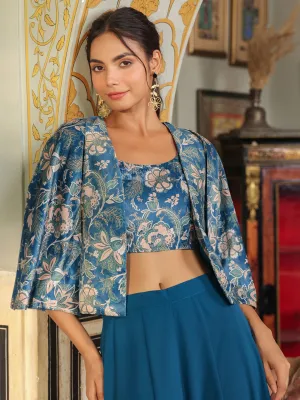 Teal Blue Velvet Floral Printed Crop Top with Palazzo & Cape Set