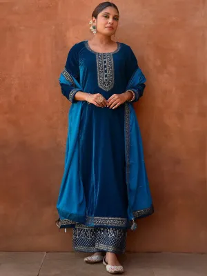 Teal Yoke Design Velvet Straight Suit With Dupatta