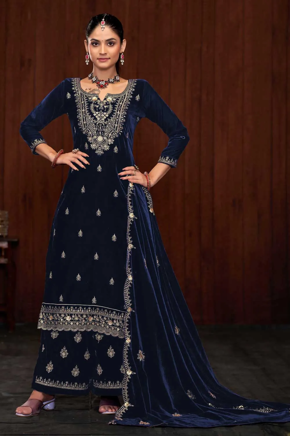 Tempting Navy Blue Color Function Wear Velvet Palazzo Suit