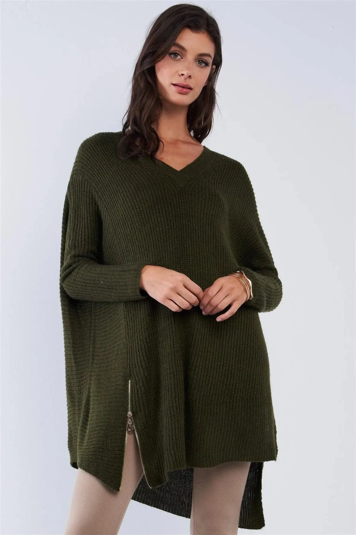 V-Neck Asymmetrical Oversized Long Sleeve Knit Top