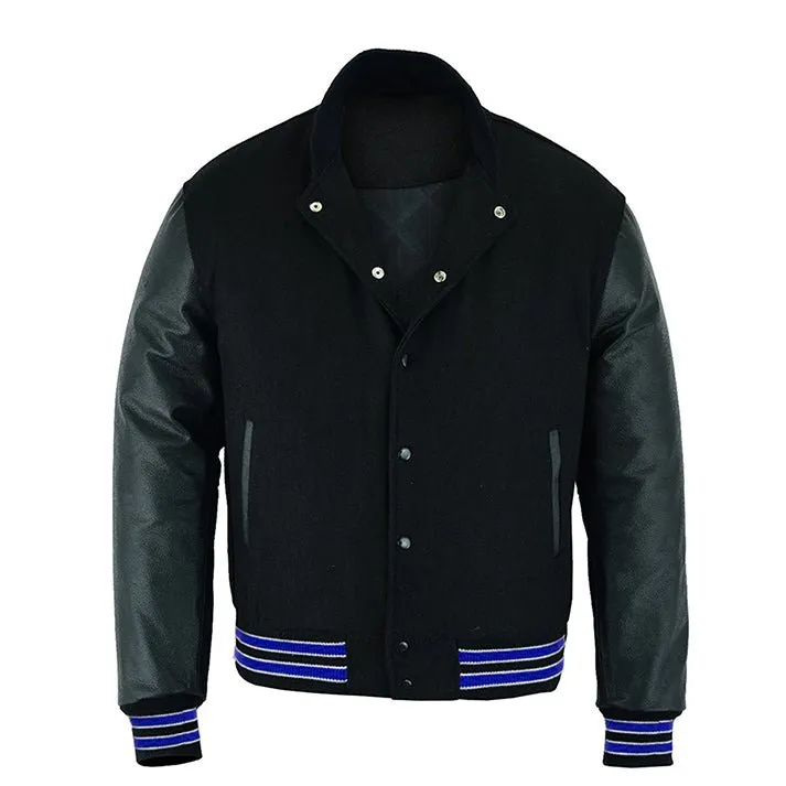 Varsity Jacket - Solid Black/Multi Royal Blue Trim