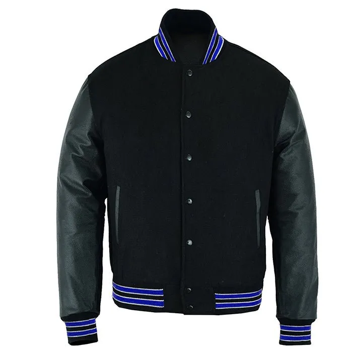 Varsity Jacket - Solid Black/Multi Royal Blue Trim