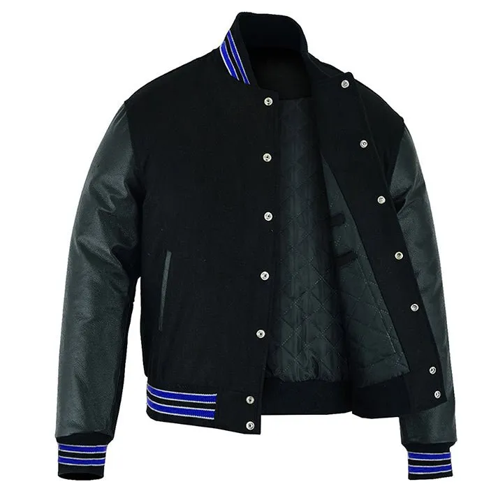 Varsity Jacket - Solid Black/Multi Royal Blue Trim