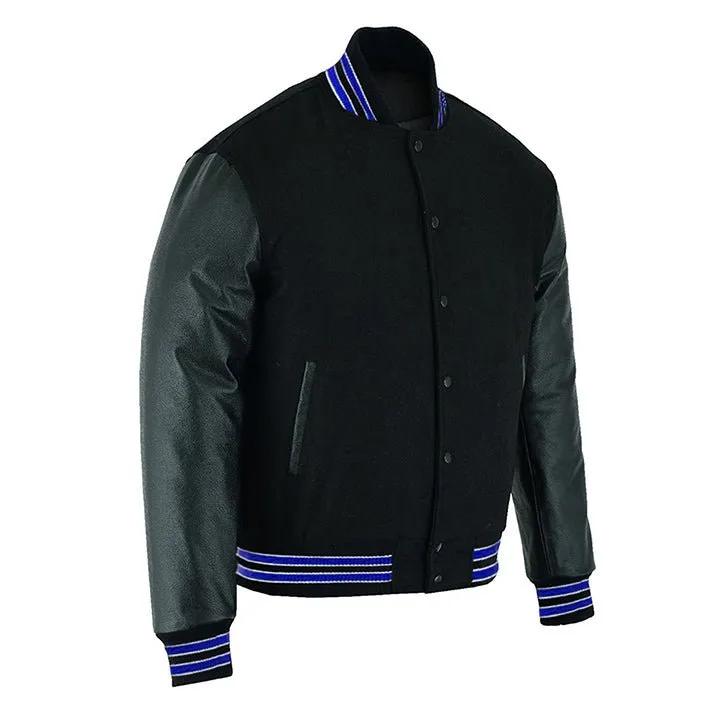 Varsity Jacket - Solid Black/Multi Royal Blue Trim