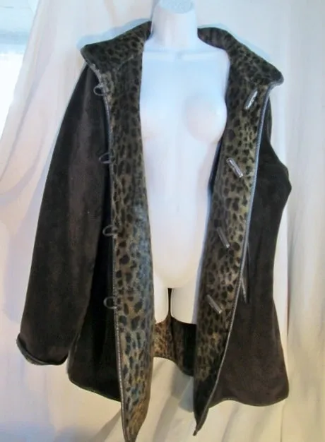 Womens DENNIS BASSO Vegan LEOPARD Faux Fur jacket coat BROWN XL