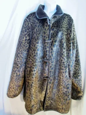 Womens DENNIS BASSO Vegan LEOPARD Faux Fur jacket coat BROWN XL