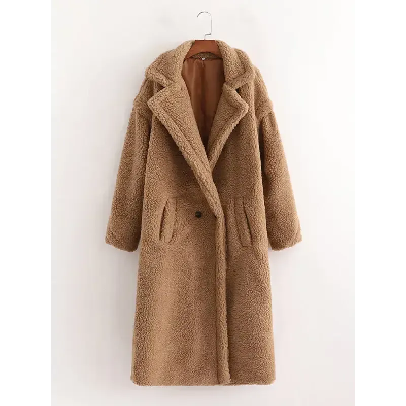 Women’s warm loose lambswool coat teddy fur lapel long woolen coat