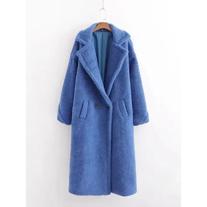 Women’s warm loose lambswool coat teddy fur lapel long woolen coat