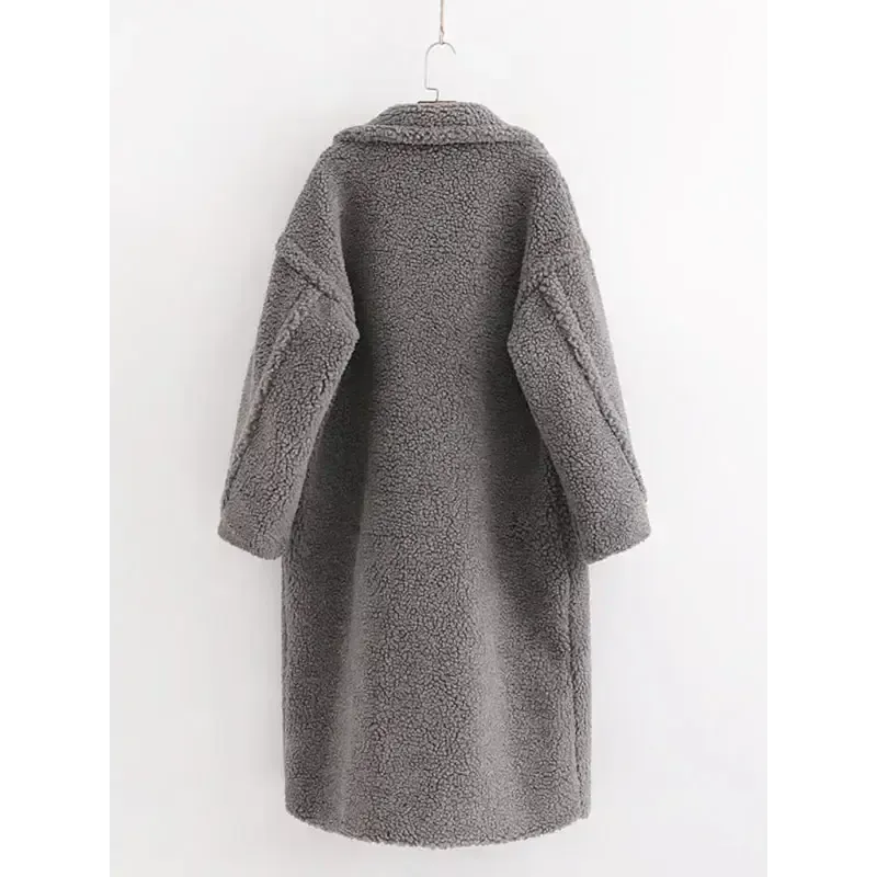 Women’s warm loose lambswool coat teddy fur lapel long woolen coat