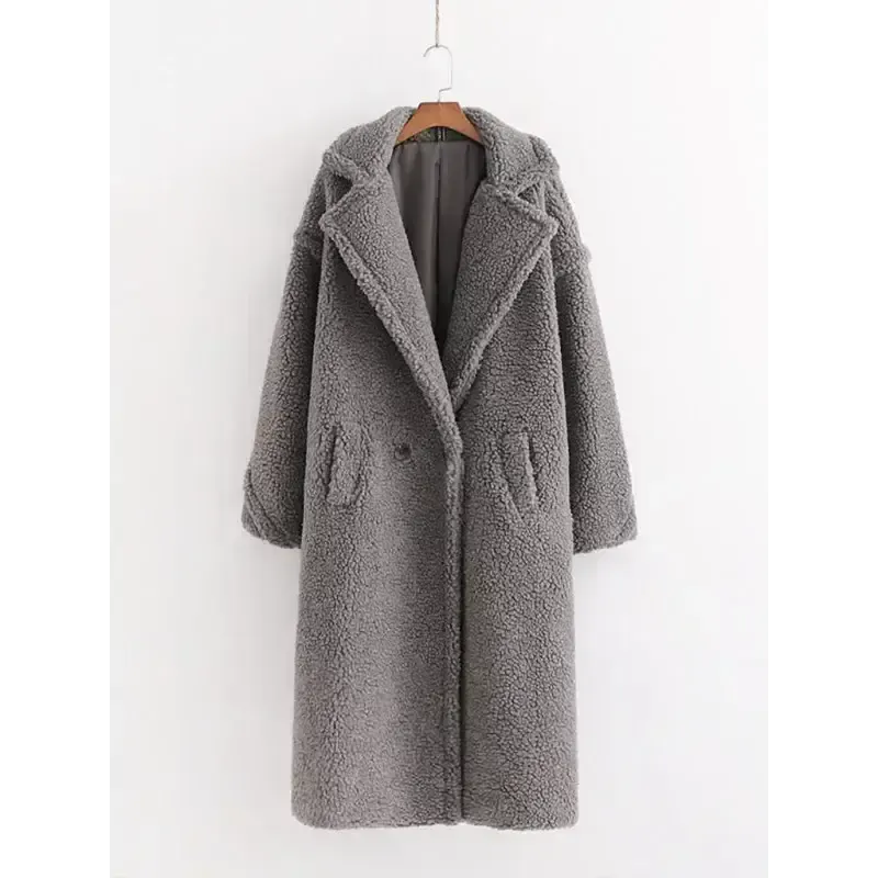 Women’s warm loose lambswool coat teddy fur lapel long woolen coat