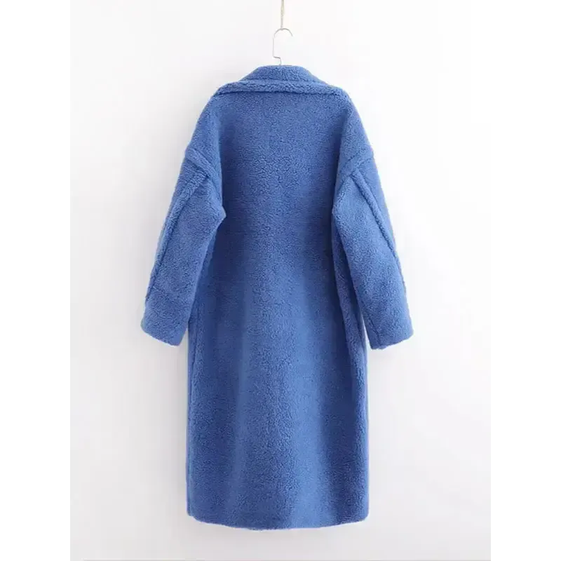 Women’s warm loose lambswool coat teddy fur lapel long woolen coat