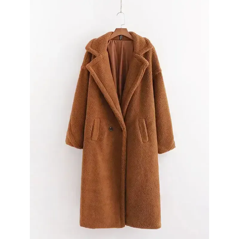 Women’s warm loose lambswool coat teddy fur lapel long woolen coat