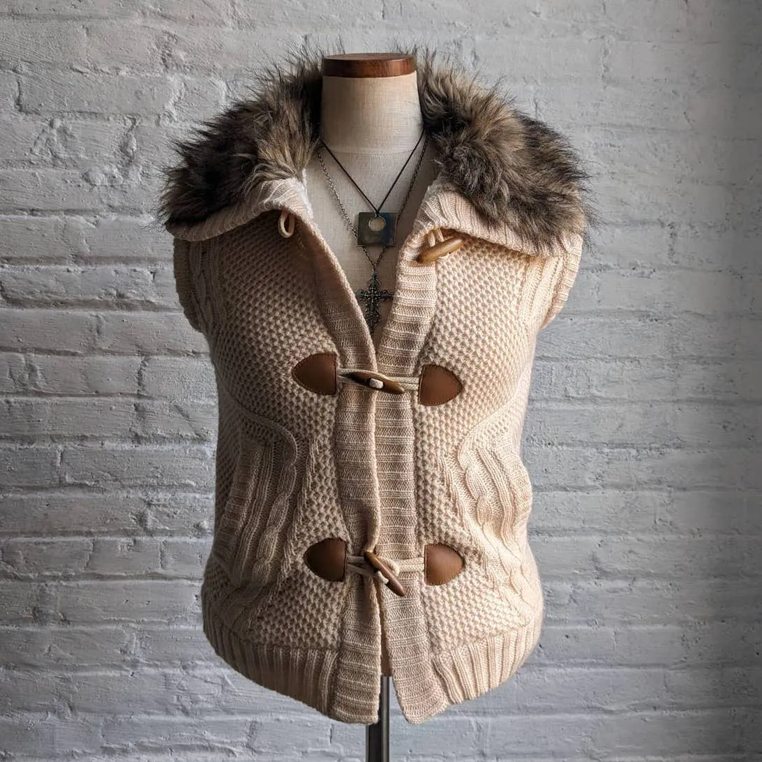 Y2K Furry Minimalist Cable Knit Sherpa Sweater Vest Neutral Boho Ski Bunny Vest