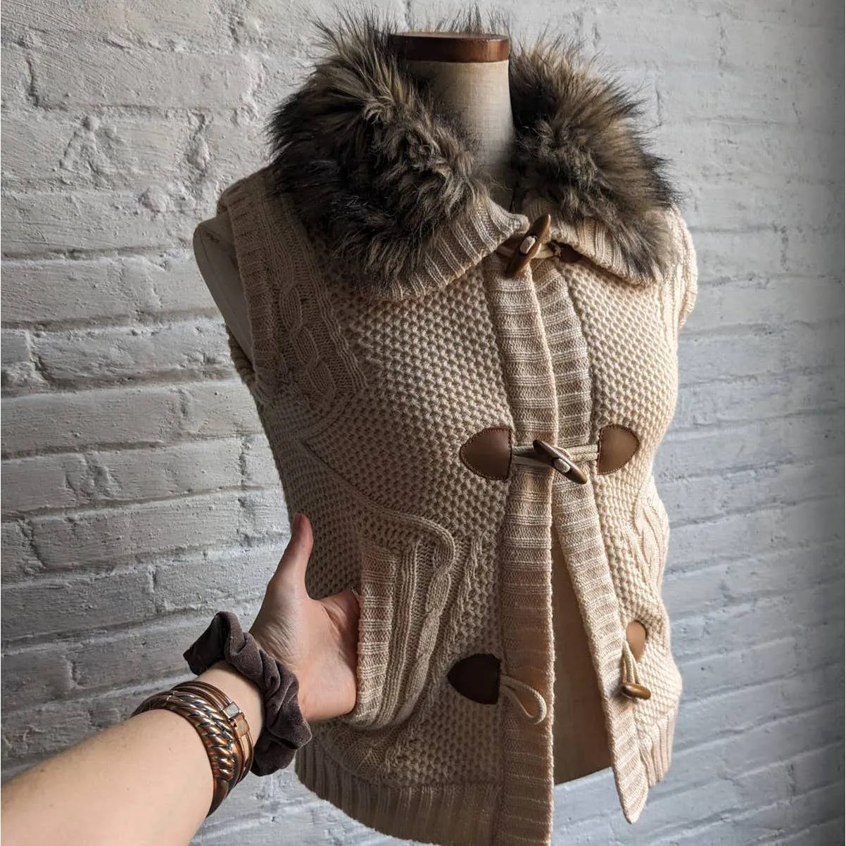 Y2K Furry Minimalist Cable Knit Sherpa Sweater Vest Neutral Boho Ski Bunny Vest