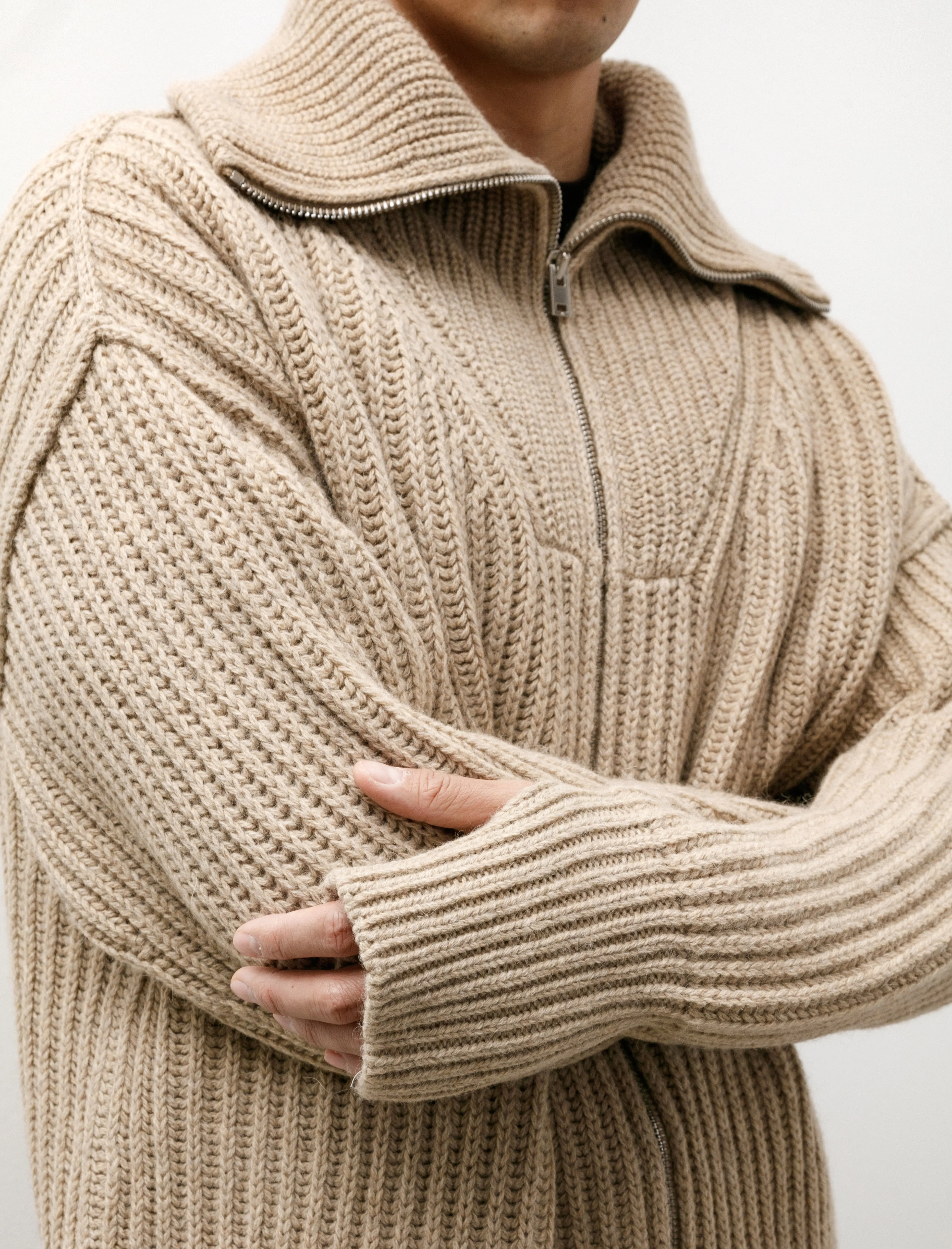 Zipped Cardigan Natural Beige